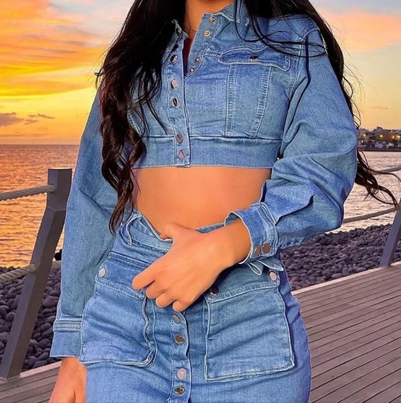 Fashion Nova Denim on Denim Matching Blue Skirt Set - Picture 9 of 16